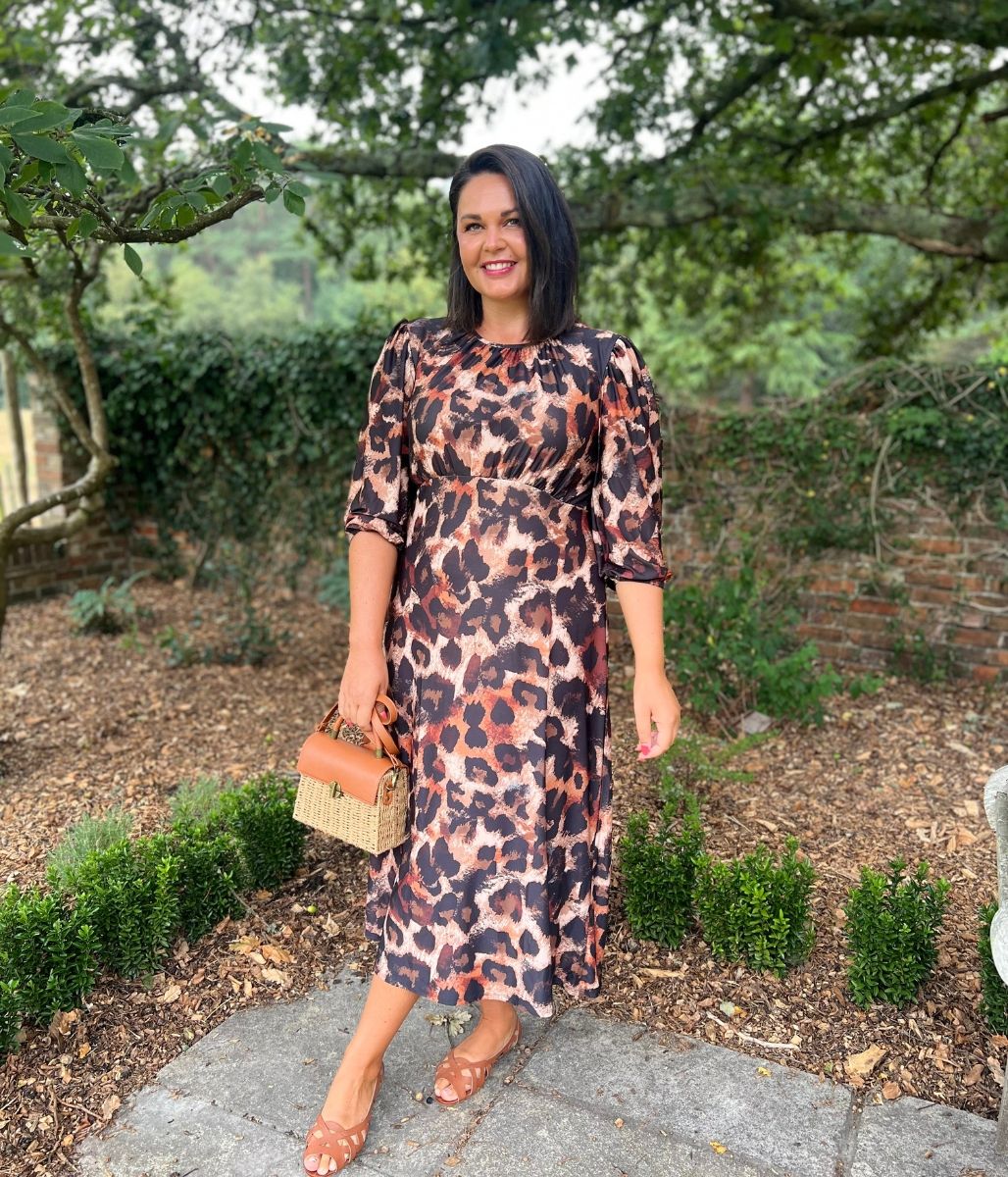 Leopard Print Gathered Stretch Midi Dress