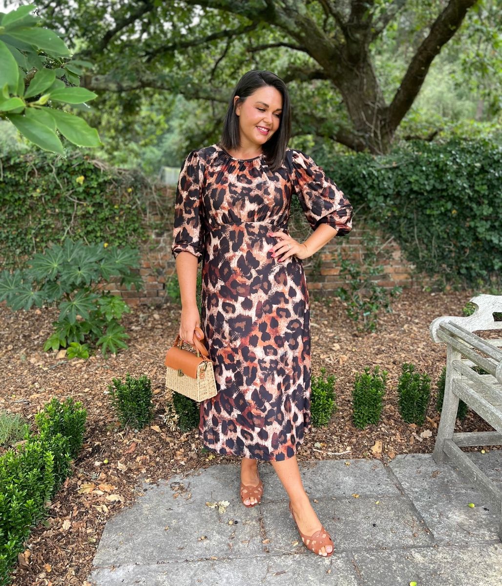 Leopard Print Gathered Stretch Midi Dress