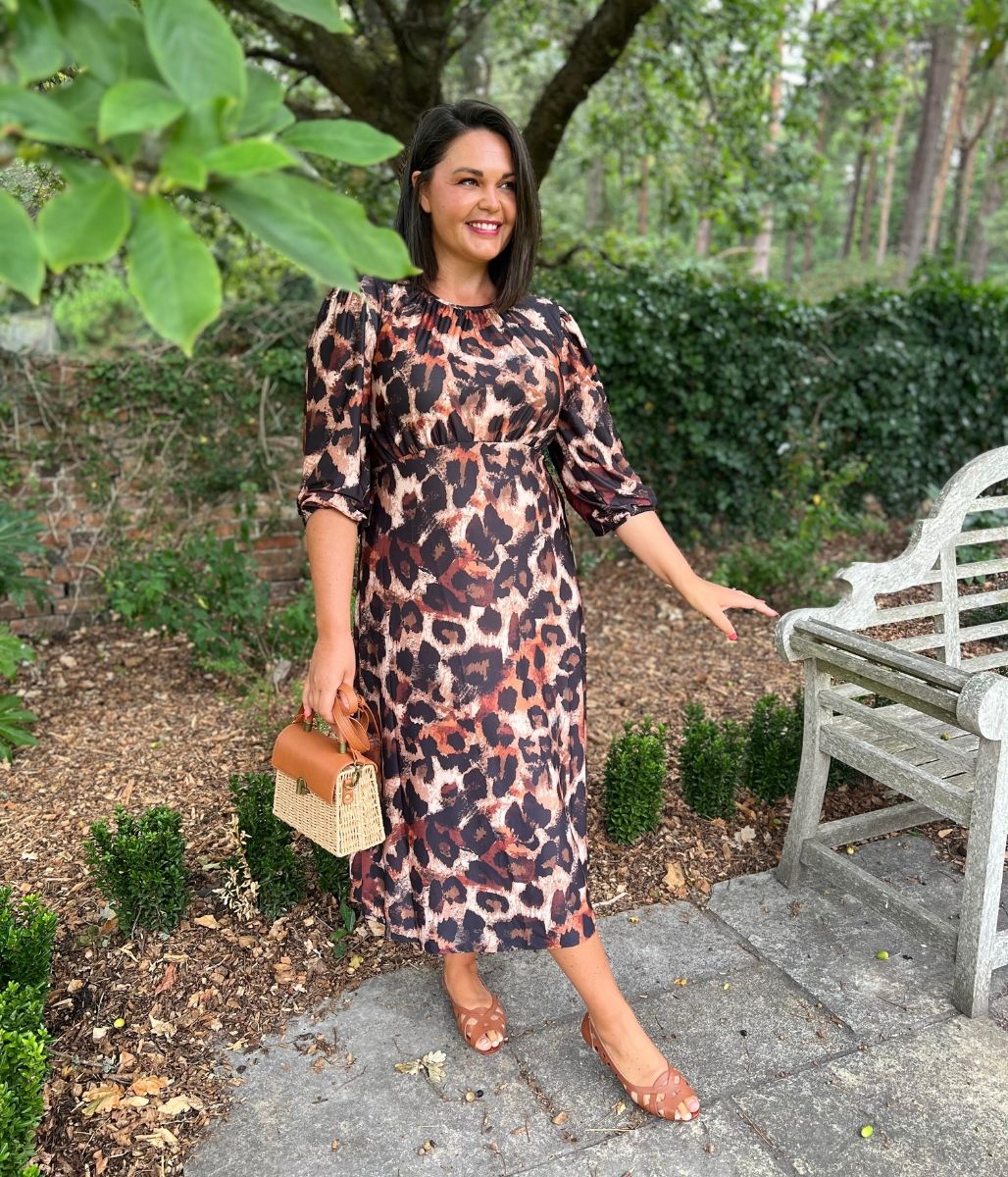 Leopard Print Gathered Stretch Midi Dress