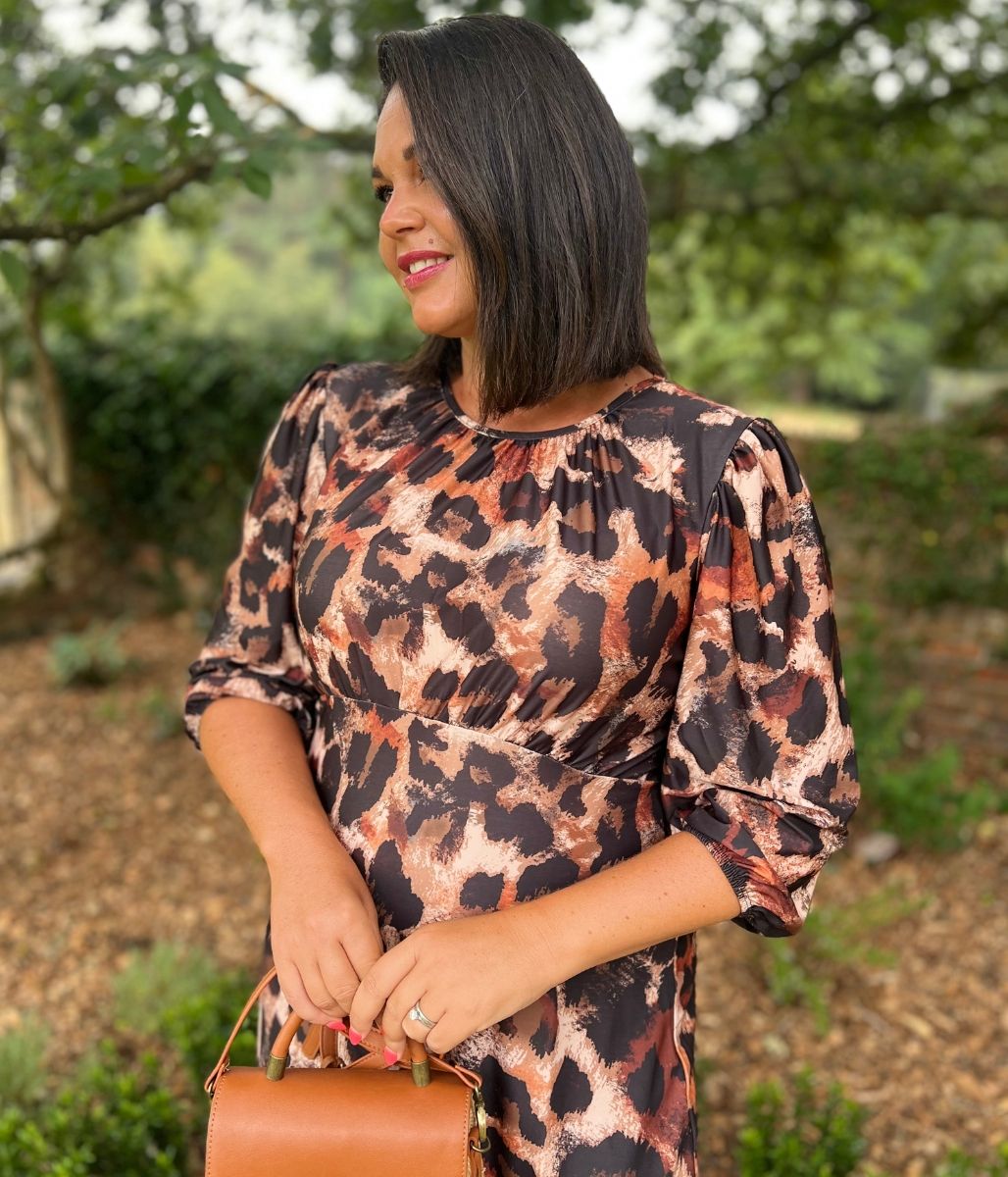 Leopard Print Gathered Stretch Midi Dress