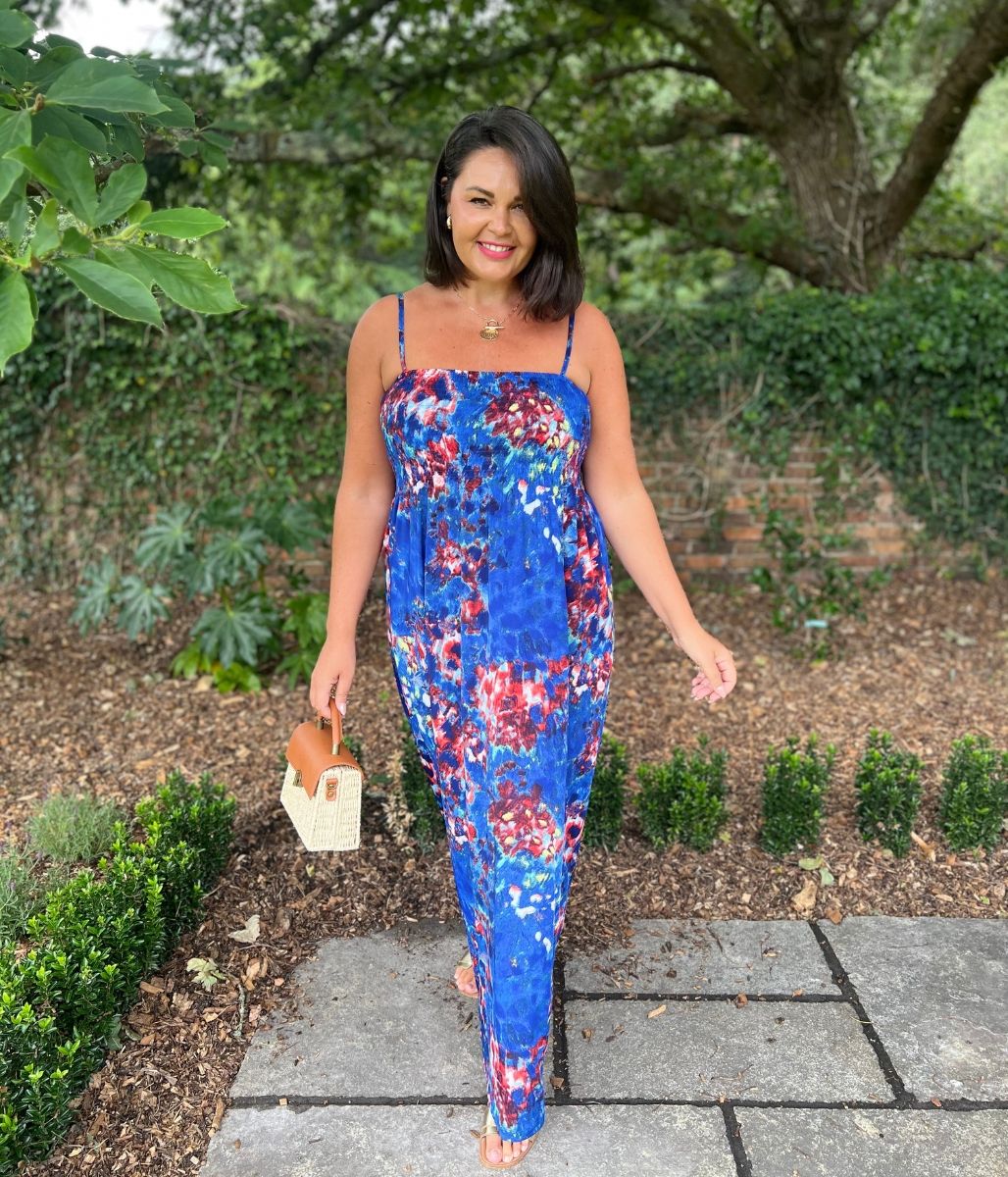 Blue Floral Shirred Midaxi Dress