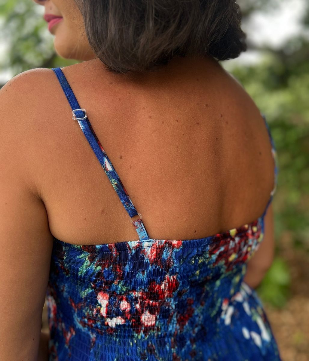 Blue Floral Shirred Midaxi Dress