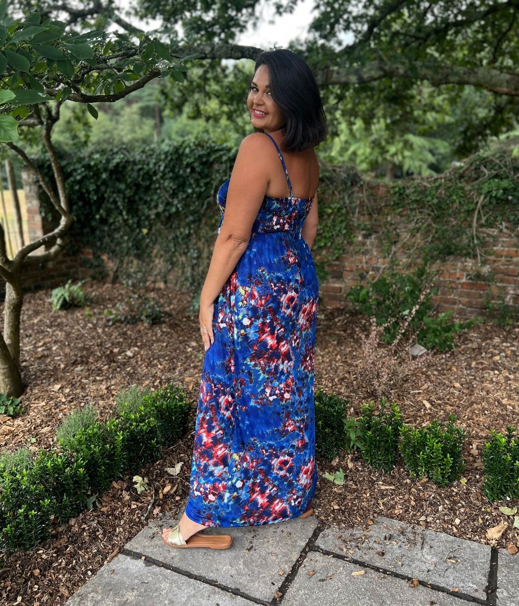 Blue Floral Shirred Midaxi Dress