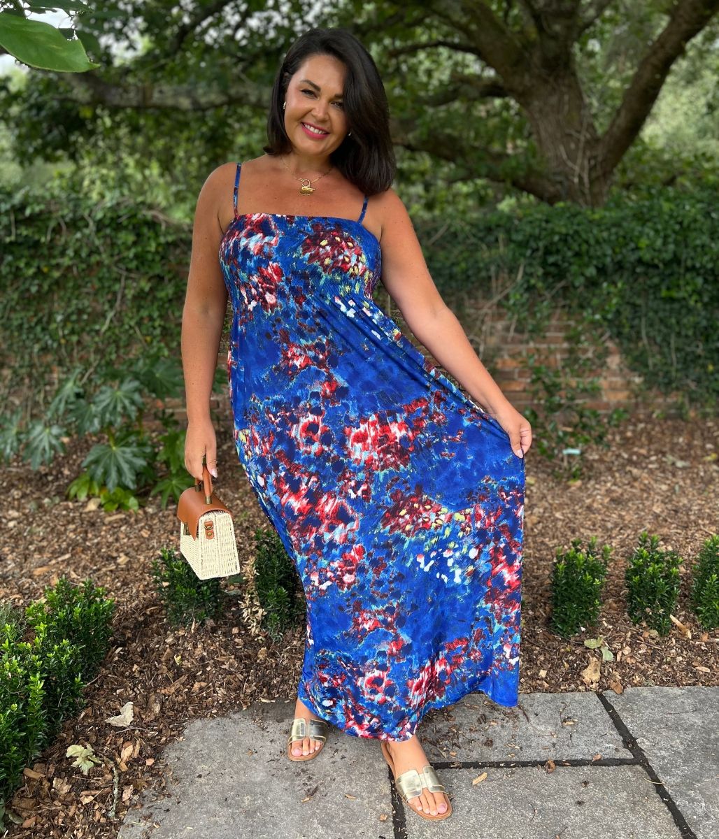 Blue Floral Shirred Midaxi Dress