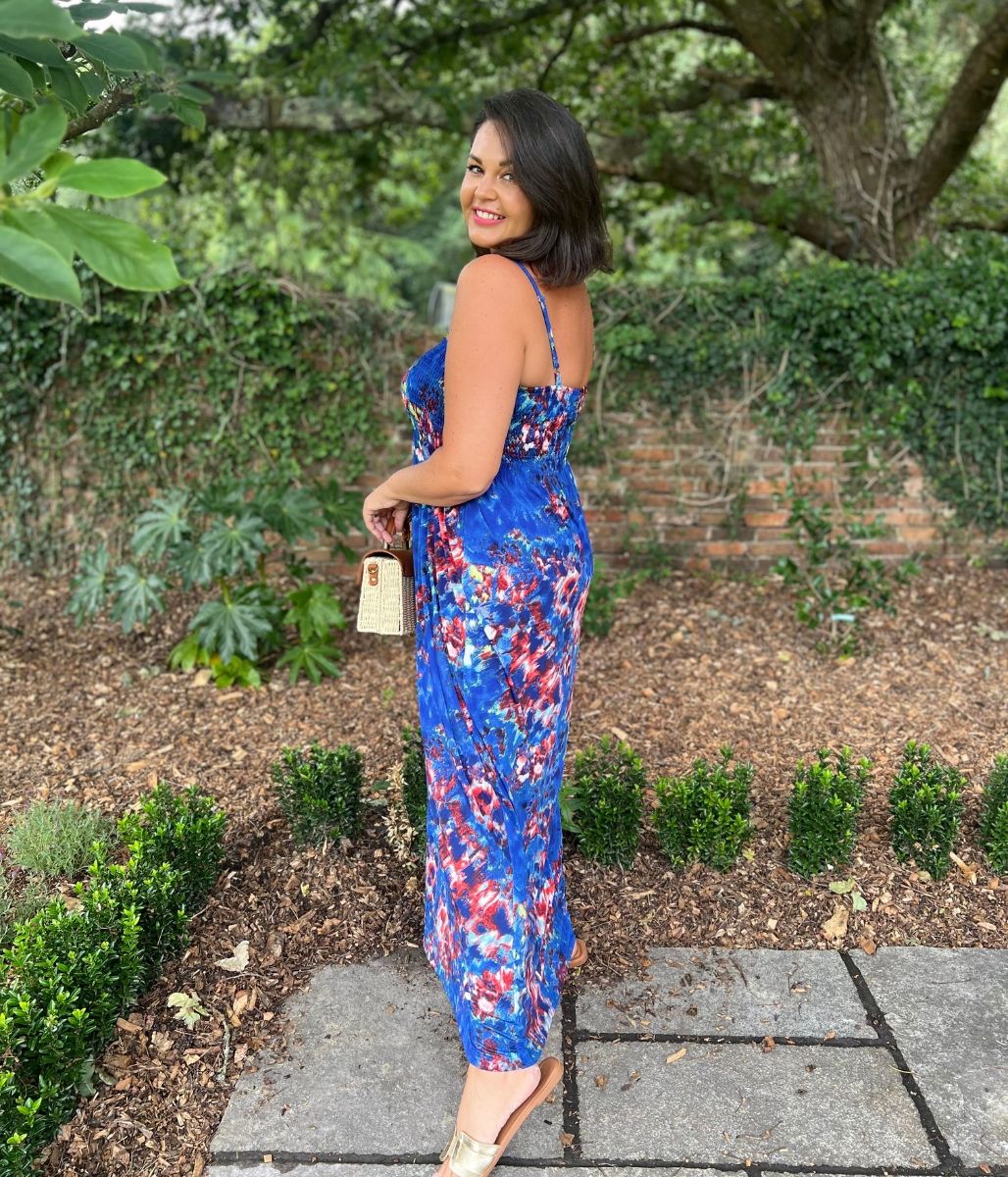 Blue Floral Shirred Midaxi Dress