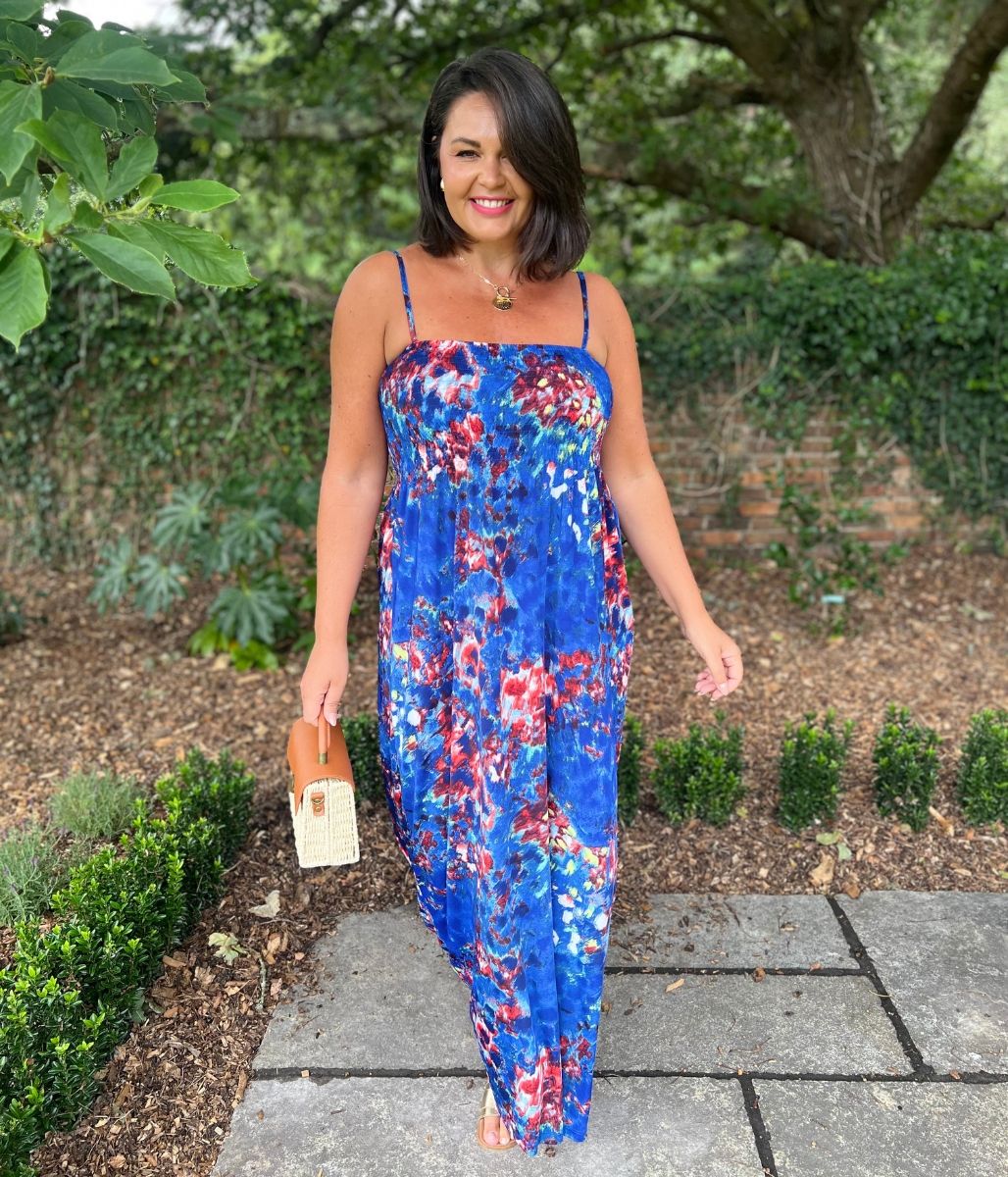 Blue Floral Shirred Midaxi Dress