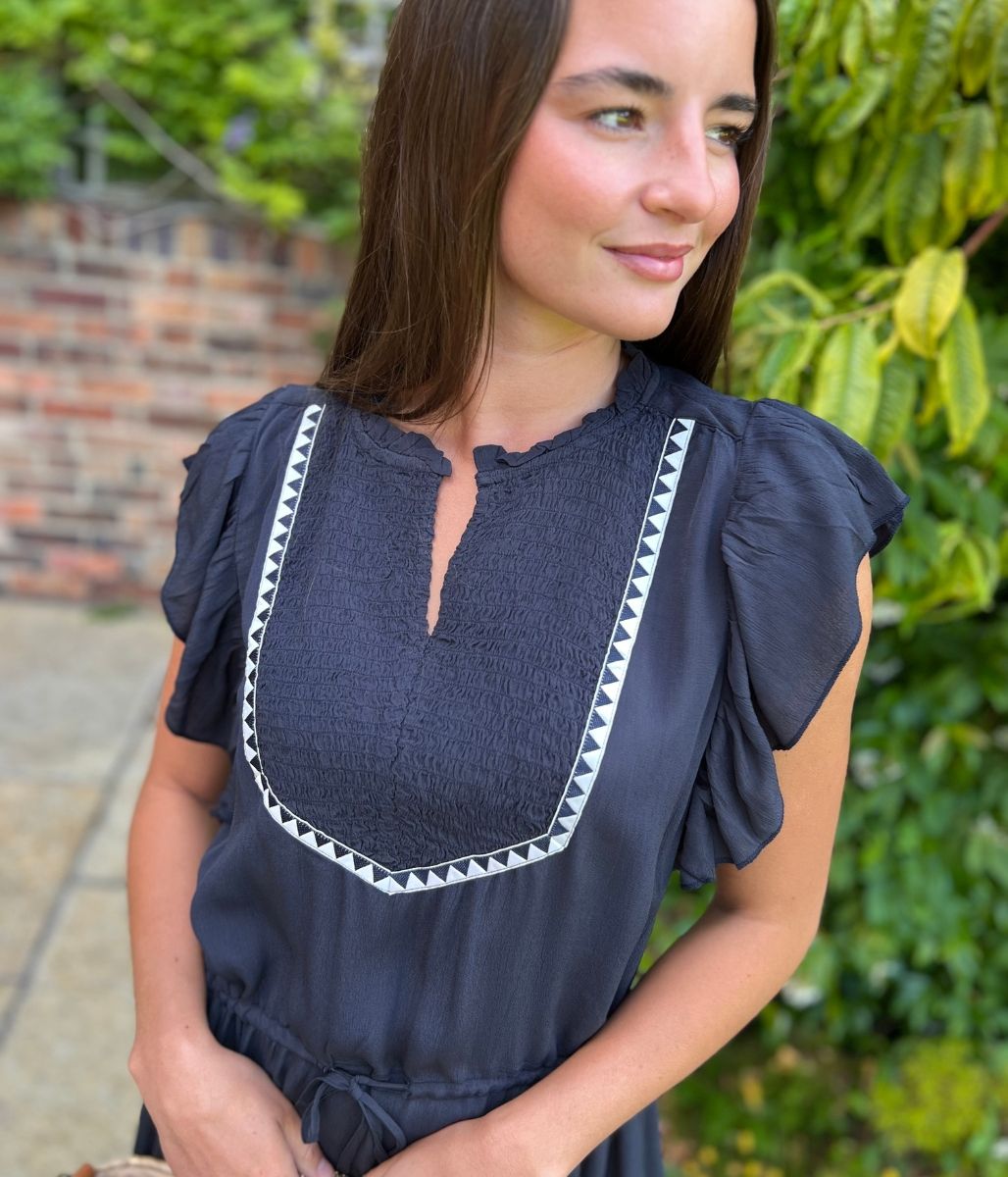 Dark Navy Shirred Panel Tiered Midi Dress