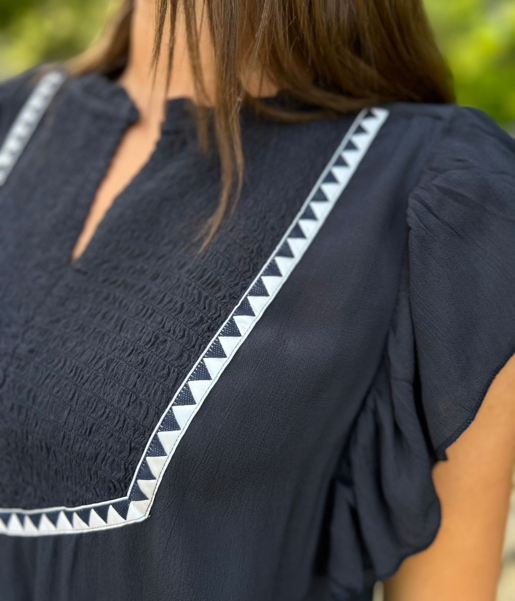 Dark Navy Shirred Panel Tiered Midi Dress