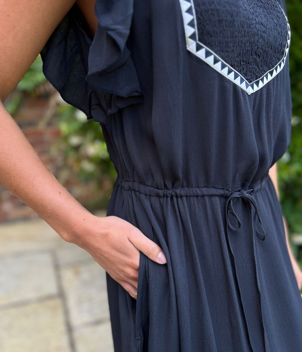 Dark Navy Shirred Panel Tiered Midi Dress