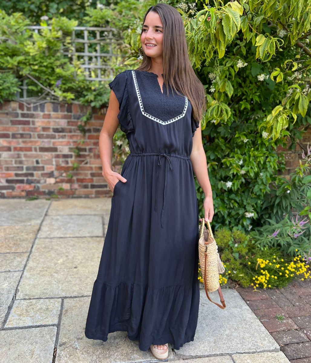 Dark Navy Shirred Panel Tiered Midi Dress