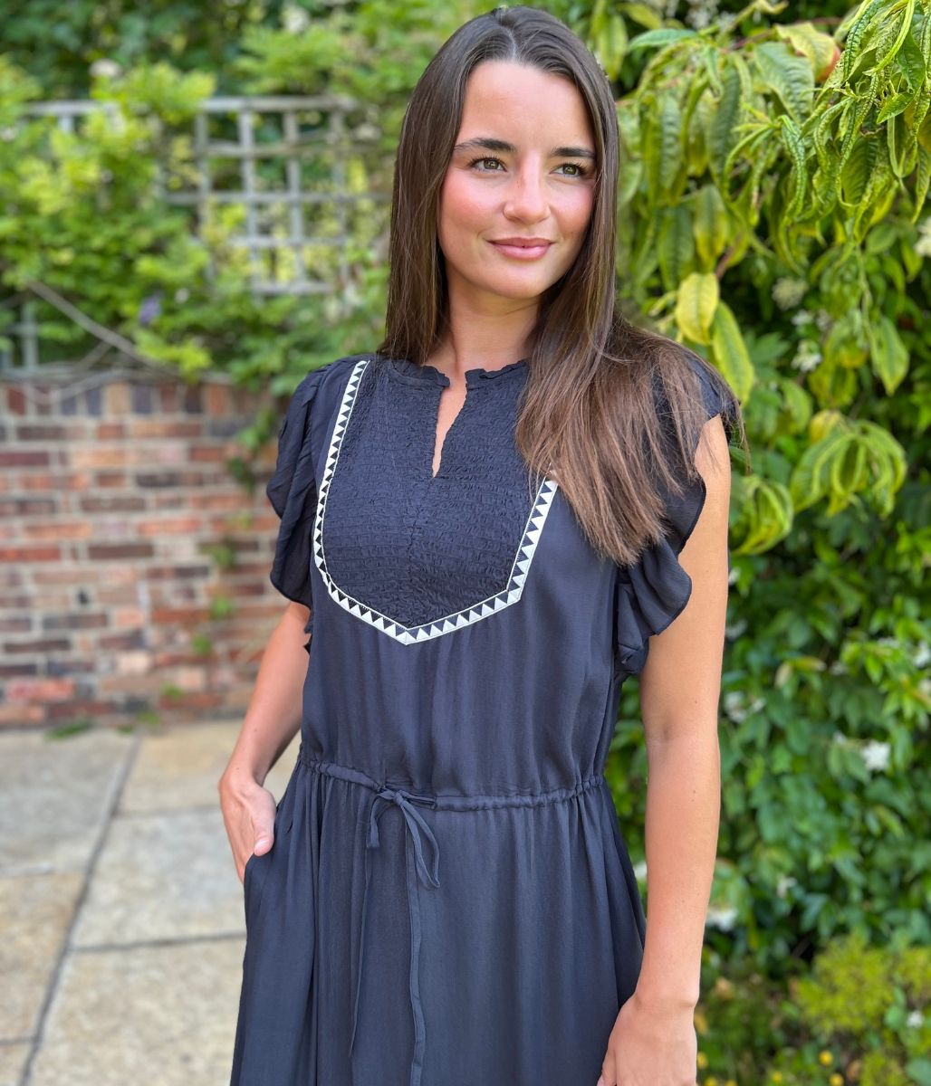 Dark Navy Shirred Panel Tiered Midi Dress