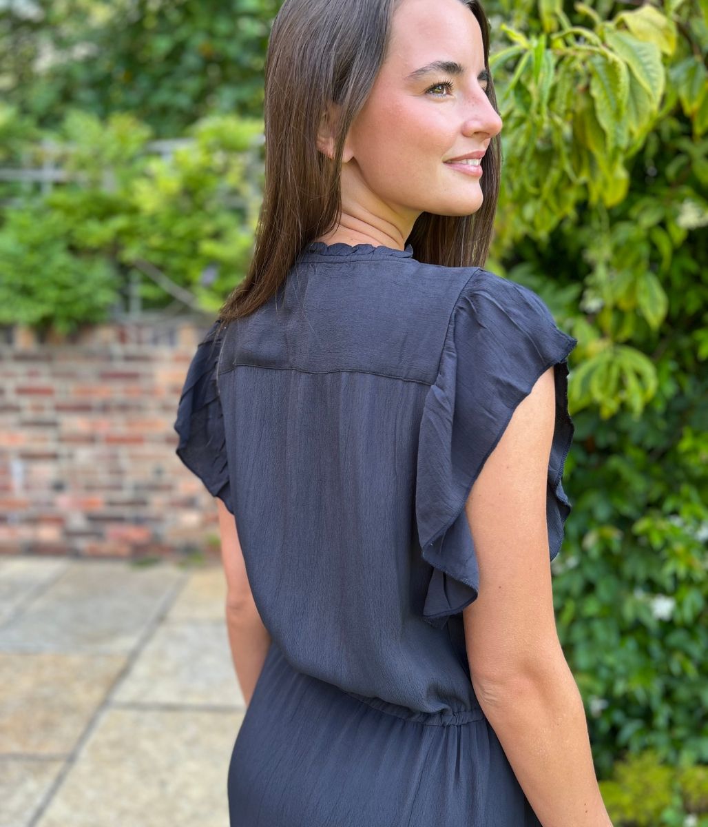 Dark Navy Shirred Panel Tiered Midi Dress