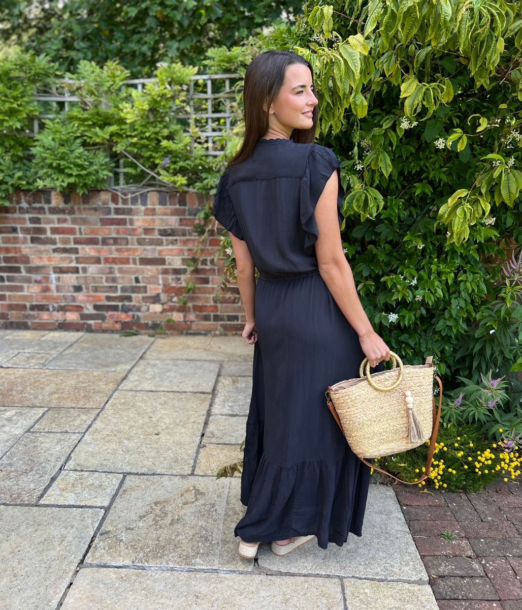 Dark Navy Shirred Panel Tiered Midi Dress