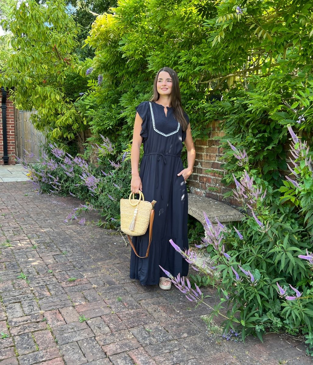 Dark Navy Shirred Panel Tiered Midi Dress