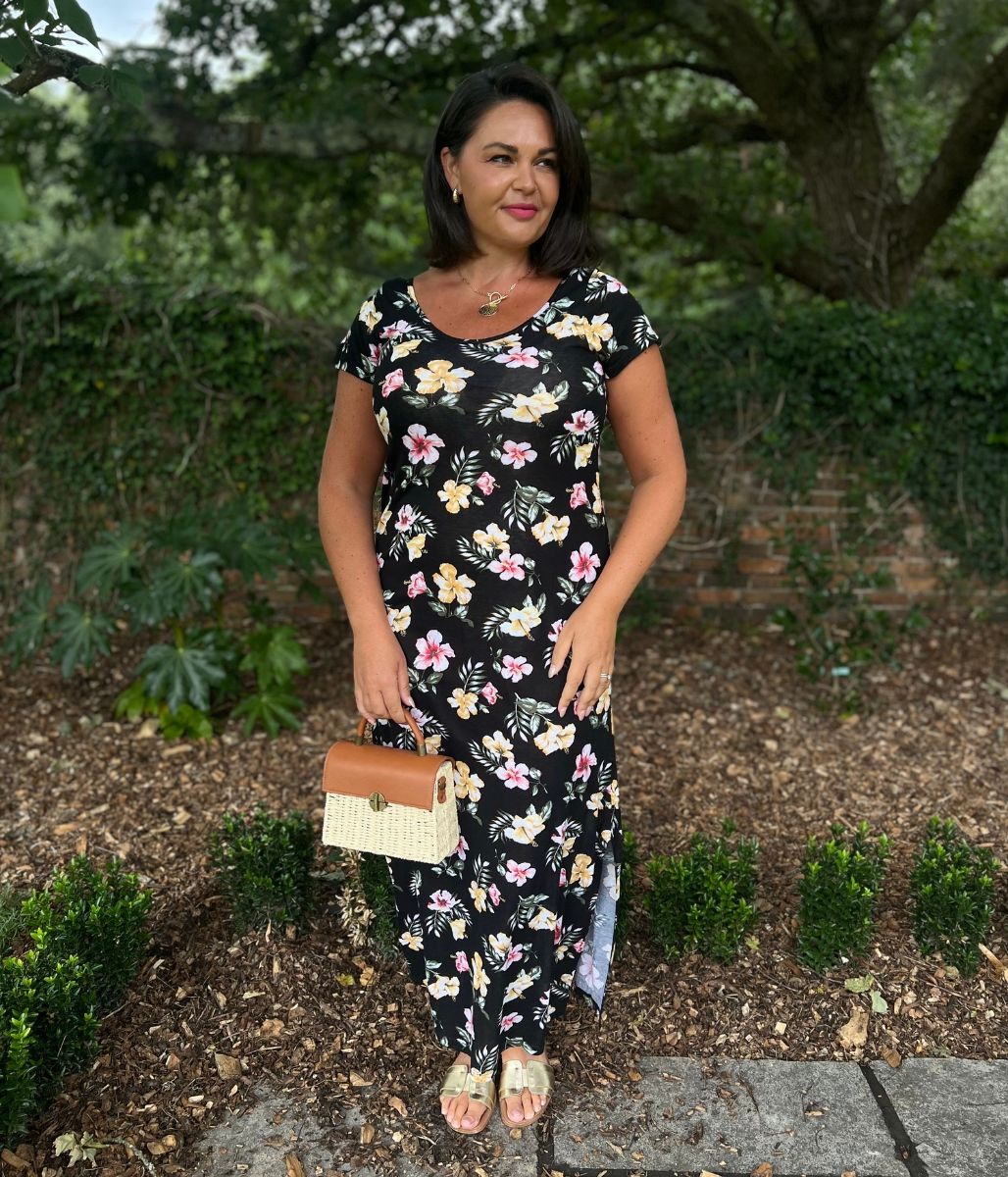 Black Floral Print Midi Dress