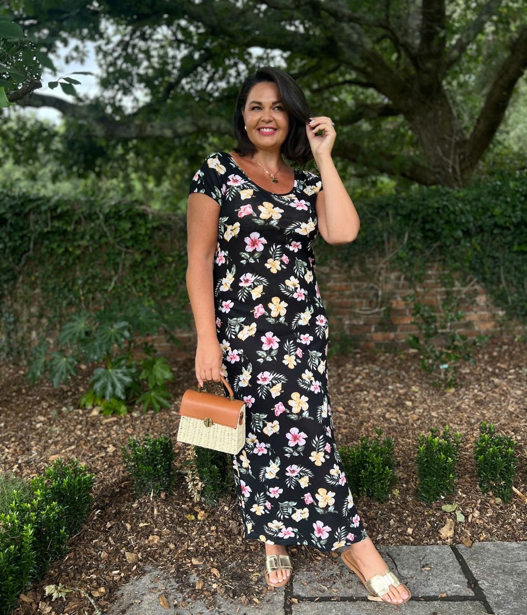 Black Floral Print Midi Dress