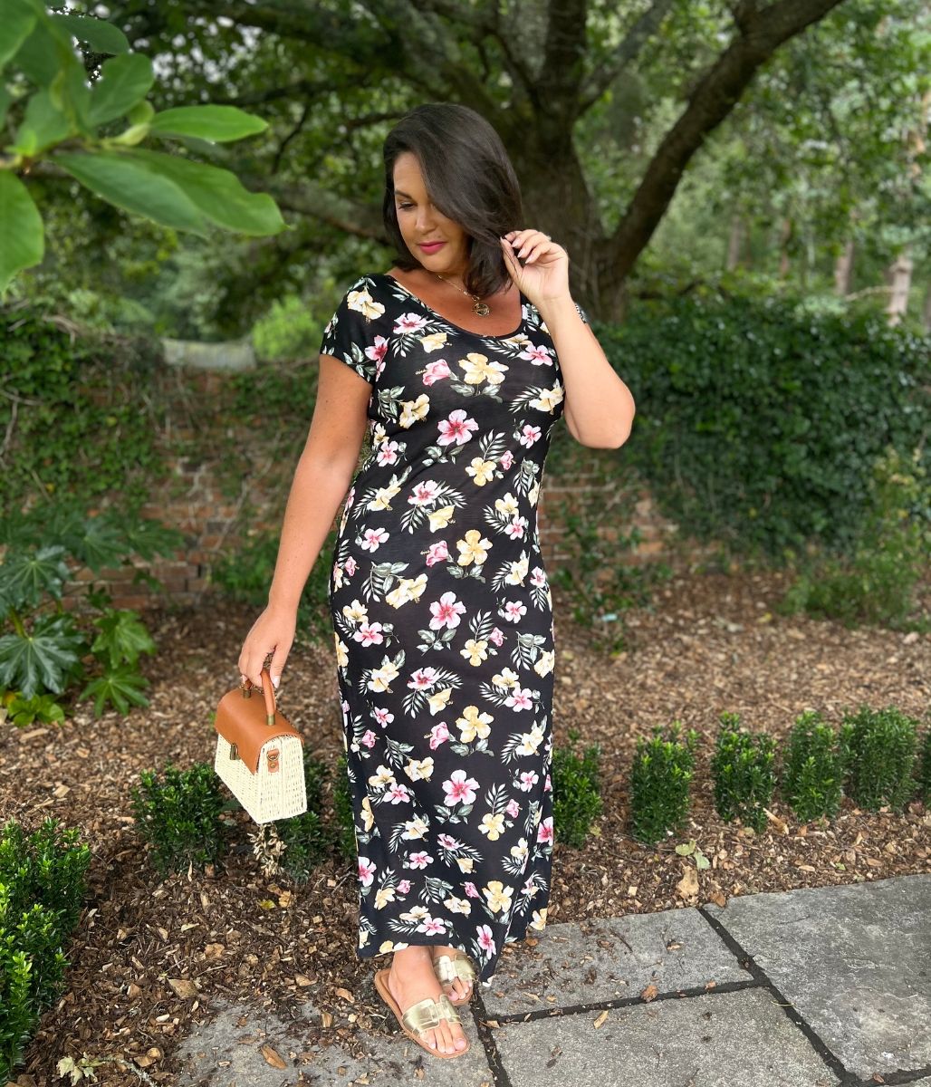Black Floral Print Midi Dress