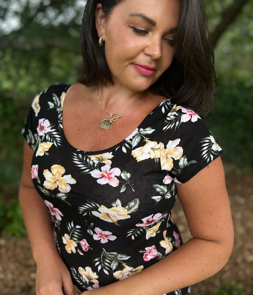 Black Floral Print Midi Dress