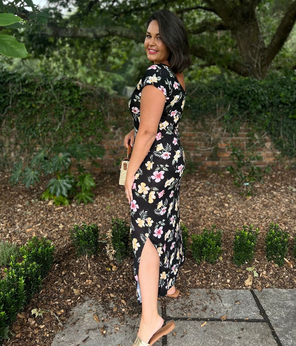 Black Floral Print Midi Dress