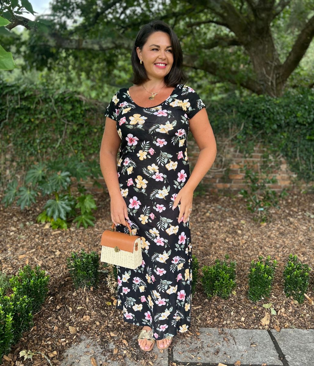 Black Floral Print Midi Dress