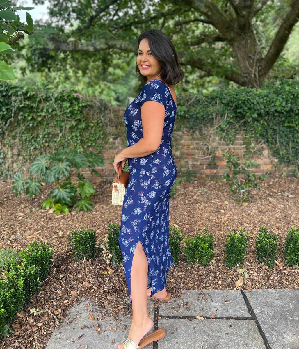 Navy Floral Print Midi Dress