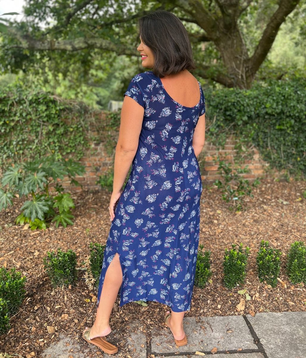 Navy Floral Print Midi Dress
