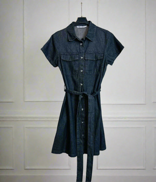 Grey Short Sleeve Denim Shirt Dress