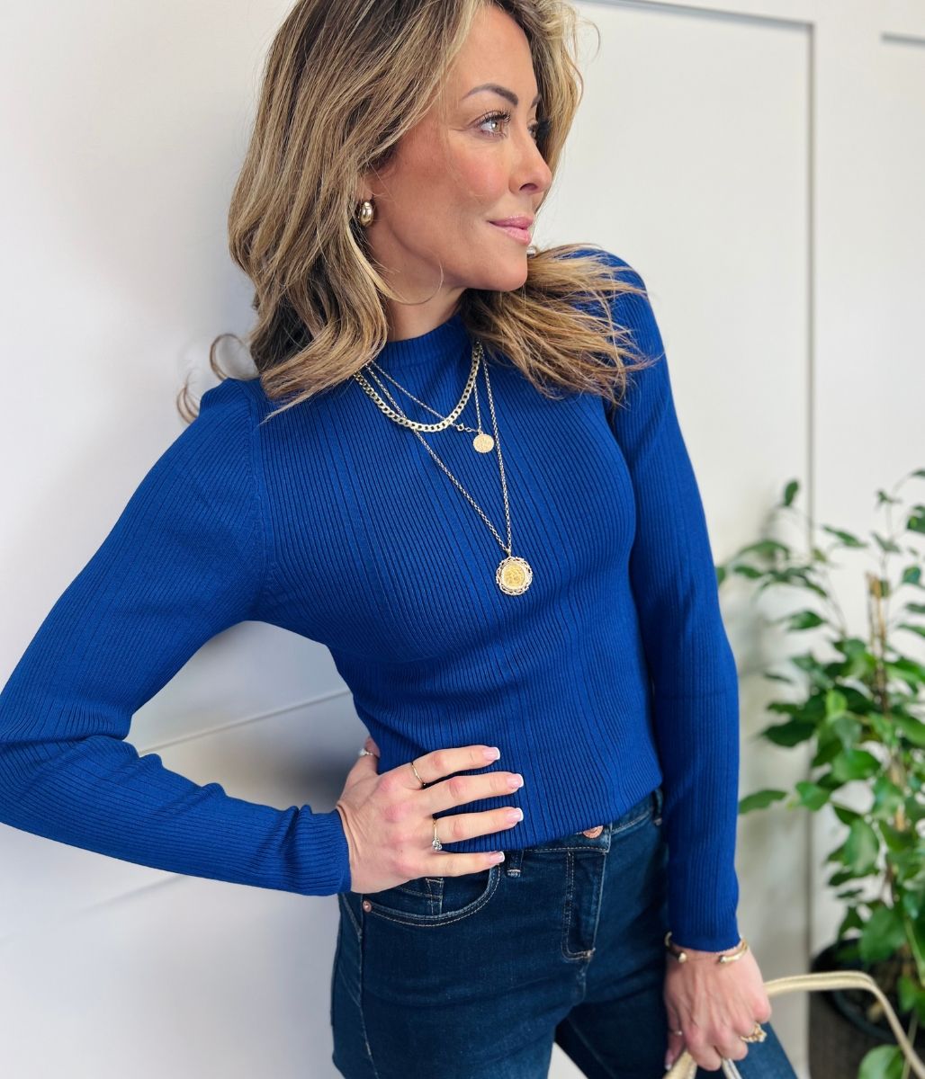 Blue Ribbed Crew Neck Jumper
