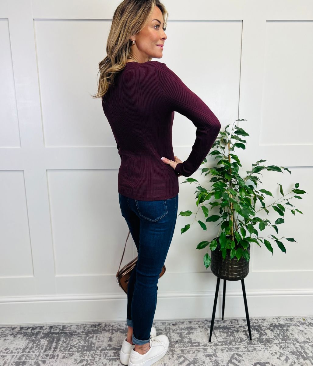 Plum Ribbed Crew Neck Jumper