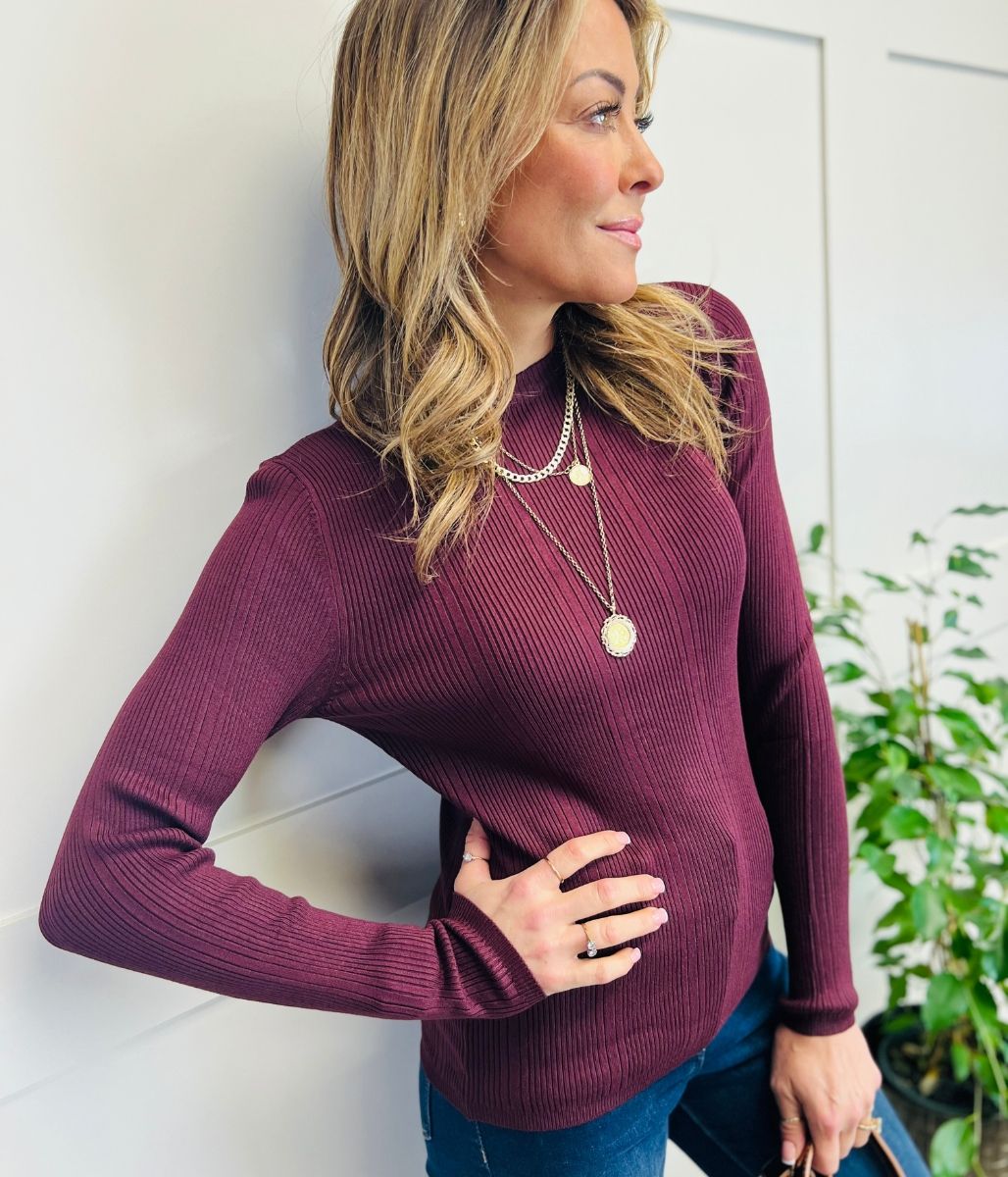 Plum Ribbed Crew Neck Jumper