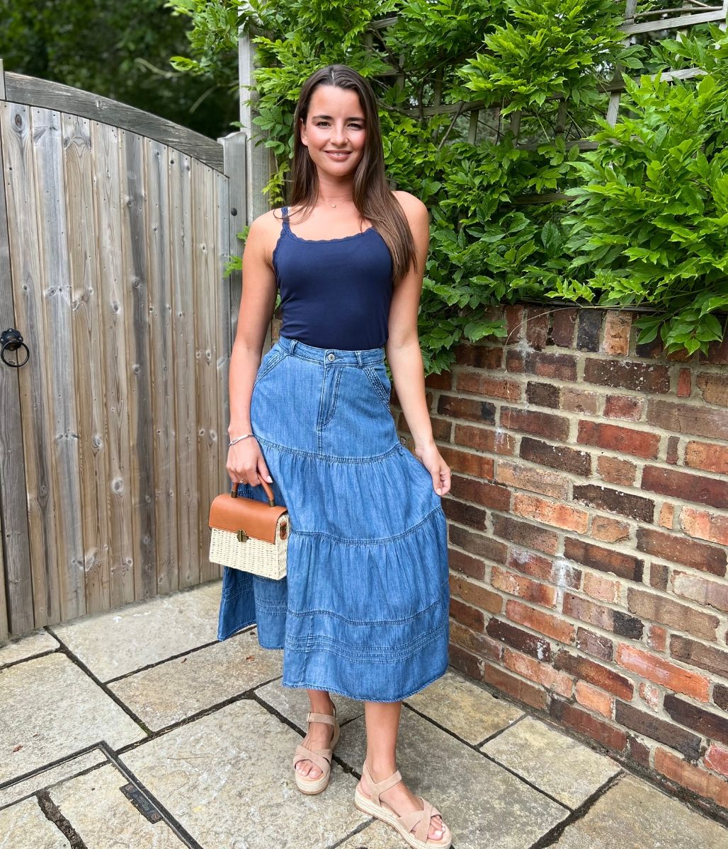 Denim Tiered Midi Skirt