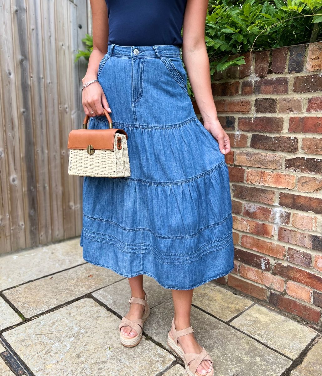 Denim Tiered Midi Skirt
