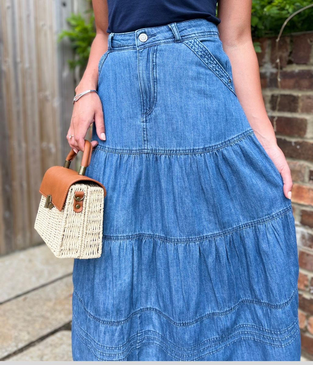 Denim Tiered Midi Skirt