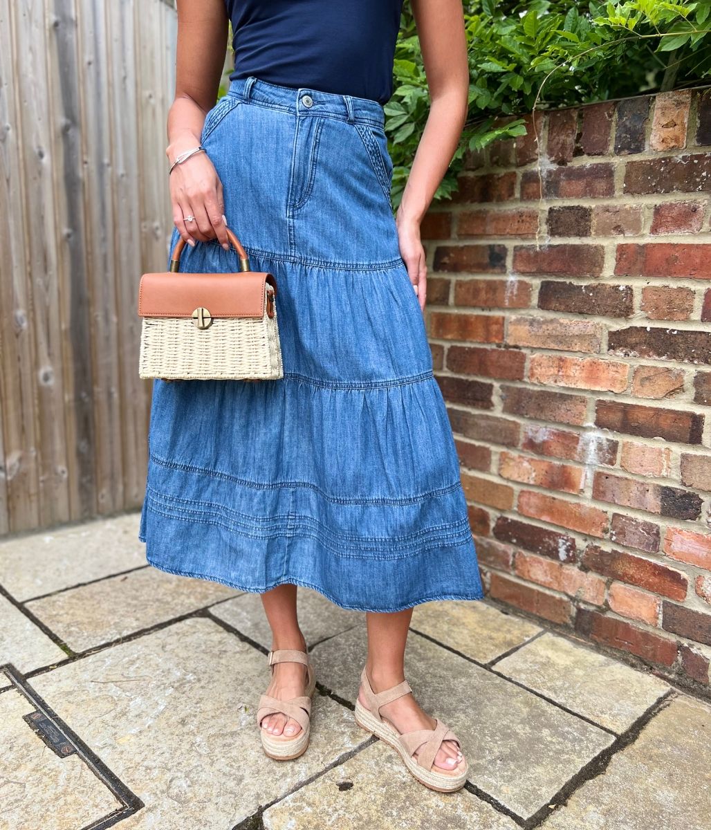 Denim Tiered Midi Skirt