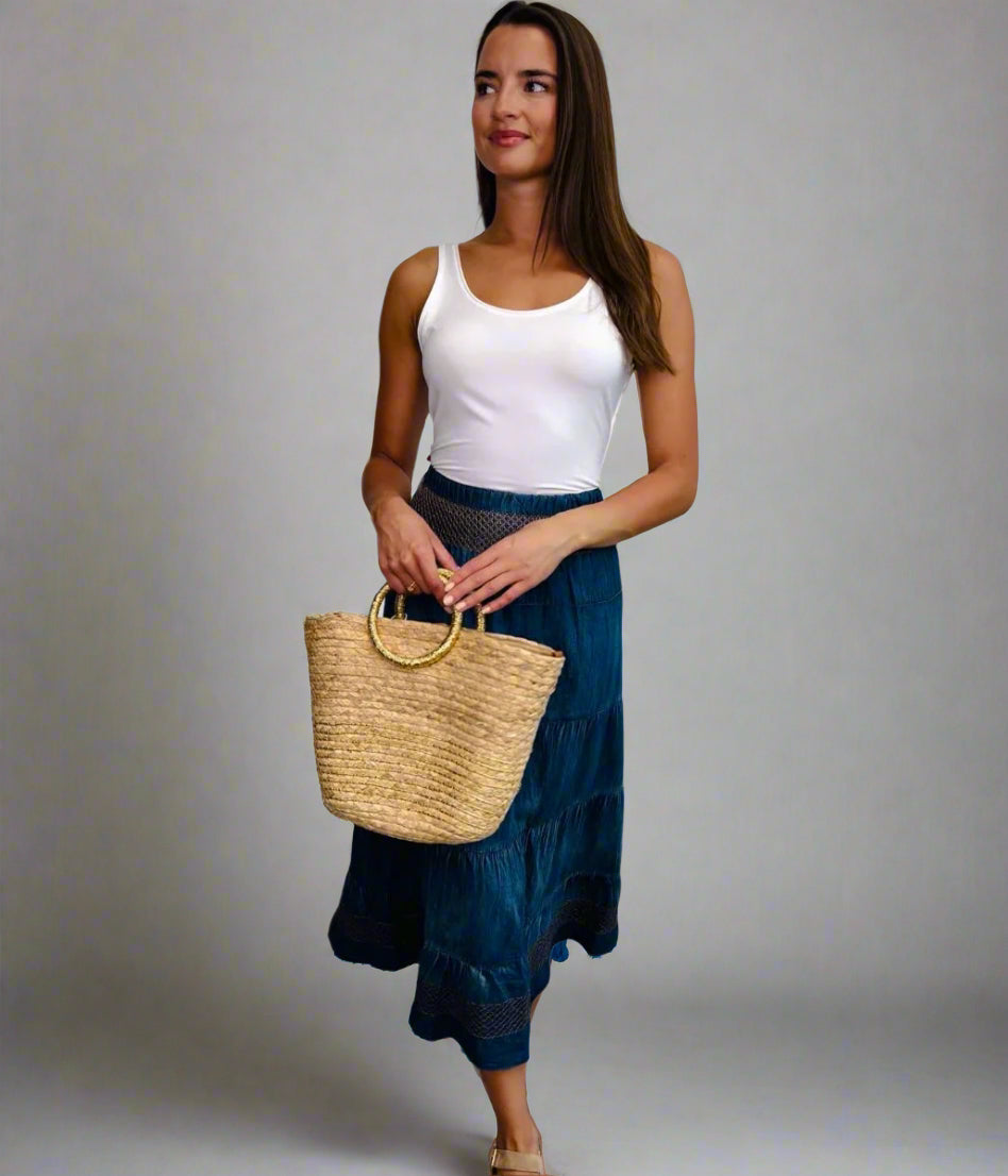 Denim Tiered Embroidered Skirt