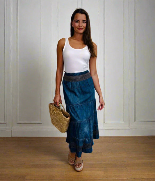 Denim Tiered Embroidered Skirt
