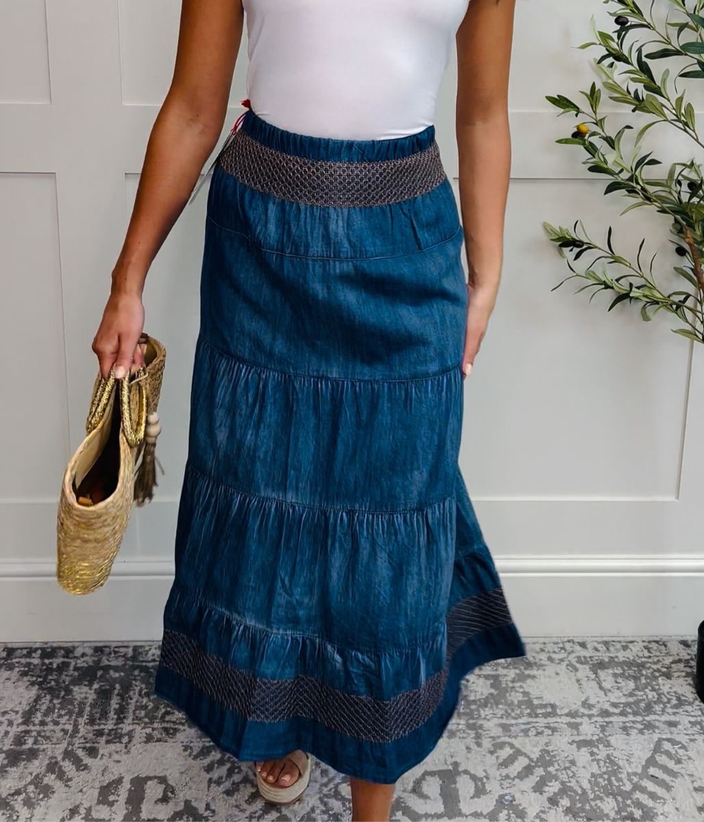 Denim Tiered Embroidered Skirt
