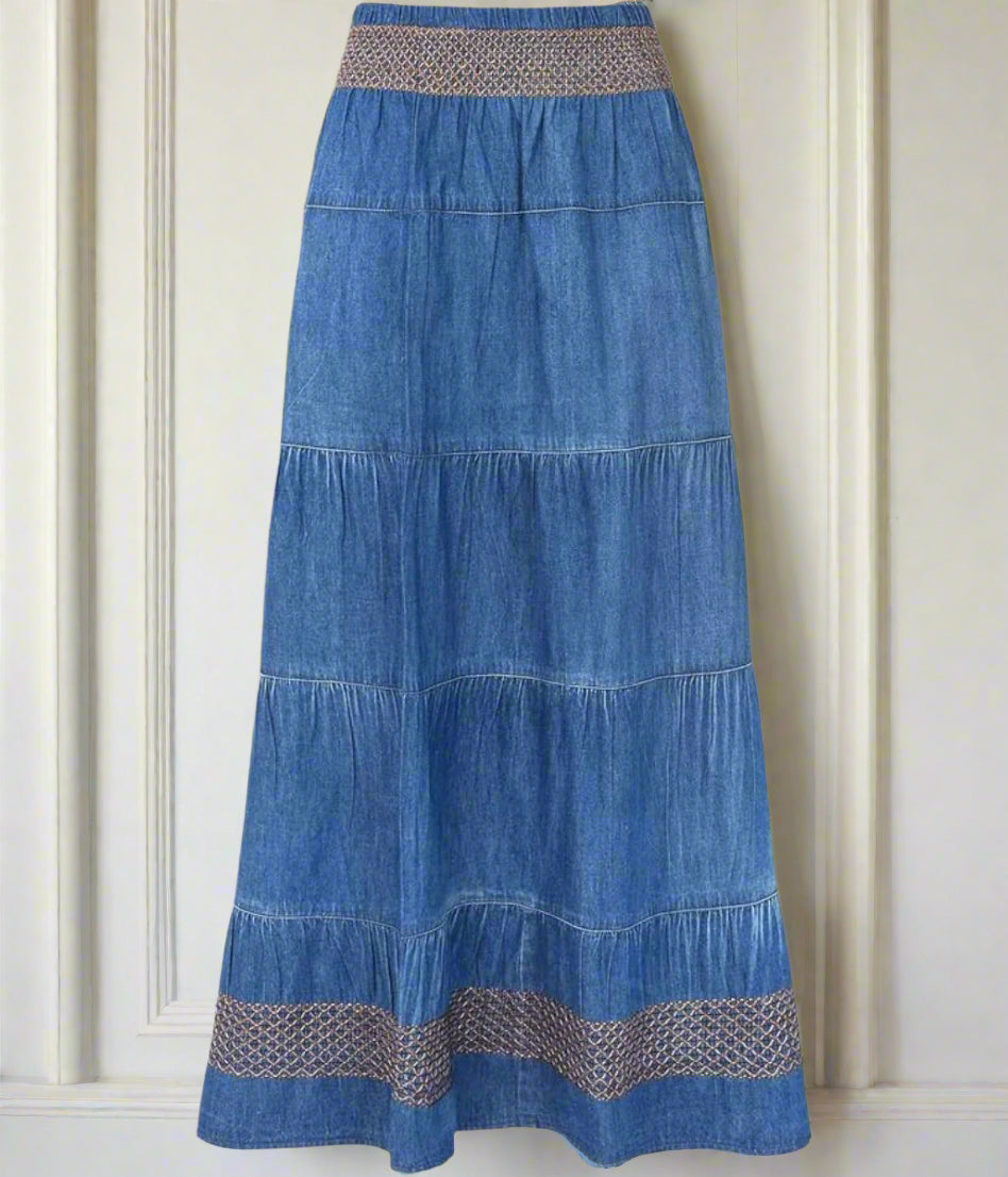 Denim Tiered Embroidered Skirt