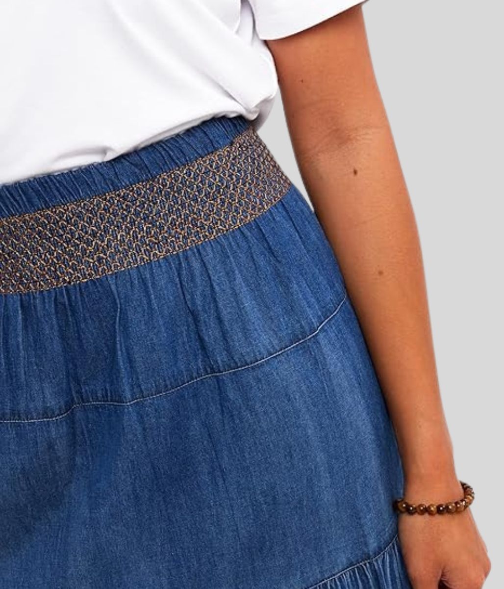 Denim Tiered Embroidered Skirt