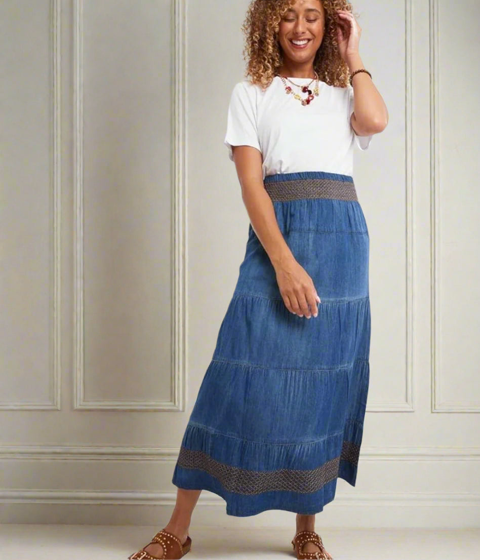 Denim Tiered Embroidered Skirt