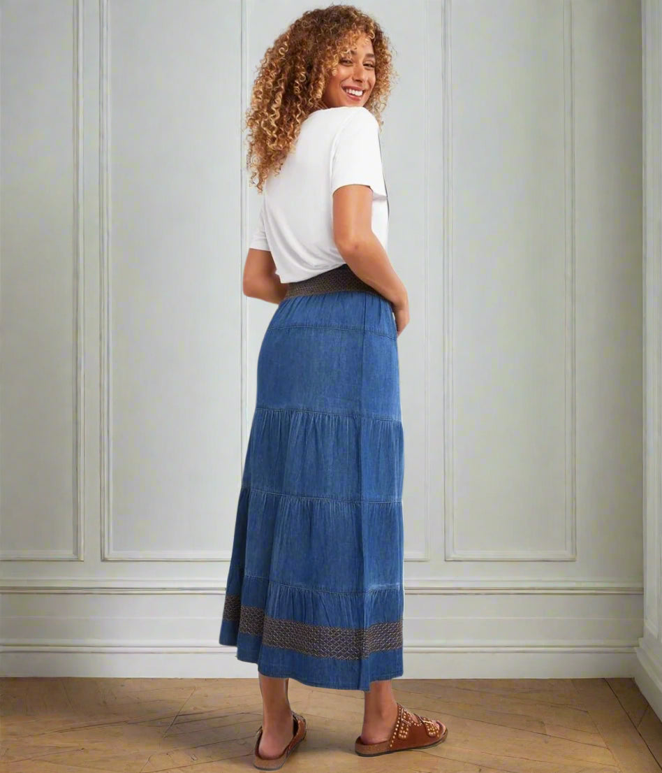 Denim Tiered Embroidered Skirt