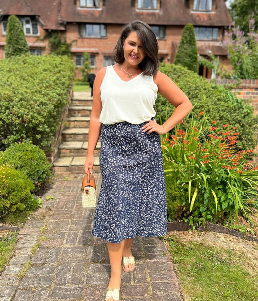 Navy Printed A Line Midi Skirt