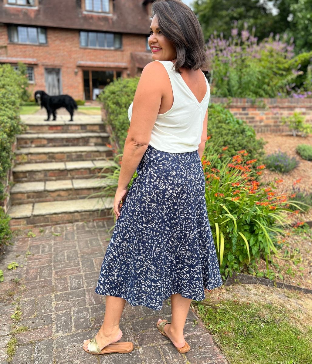 Navy Printed A Line Midi Skirt