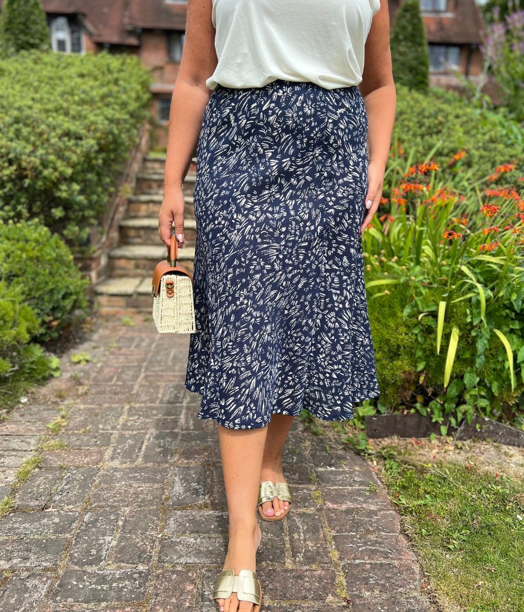 Navy Printed A Line Midi Skirt