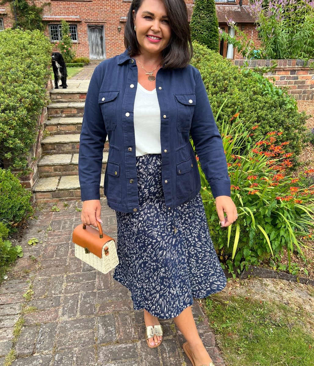 Navy Printed A Line Midi Skirt