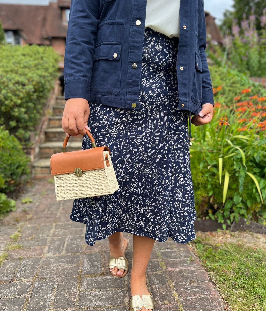 Navy Printed A Line Midi Skirt