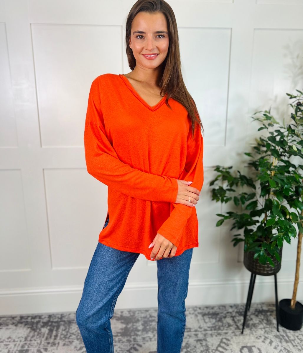 Orange Linen Rich Raw Hem Top