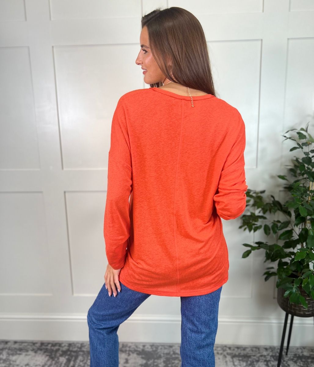 Orange Linen Rich Raw Hem Top
