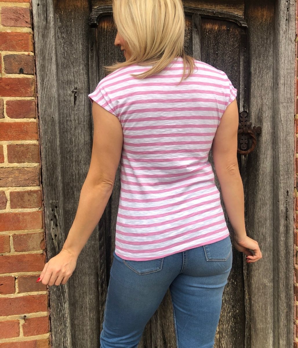 Pink Striped Cotton V Neck Top