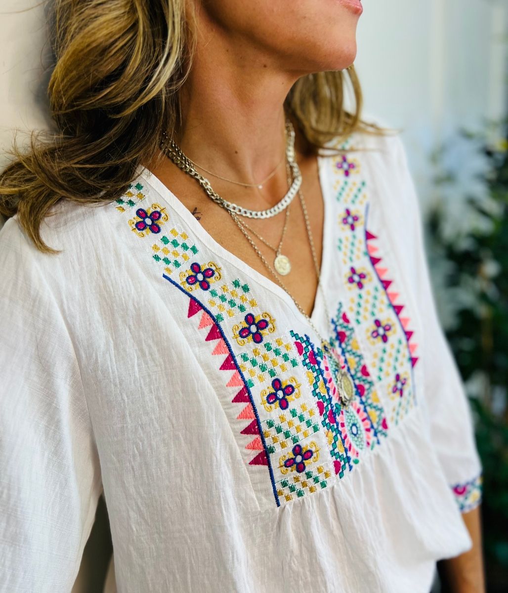 Ivory Embroidered V Neck Top